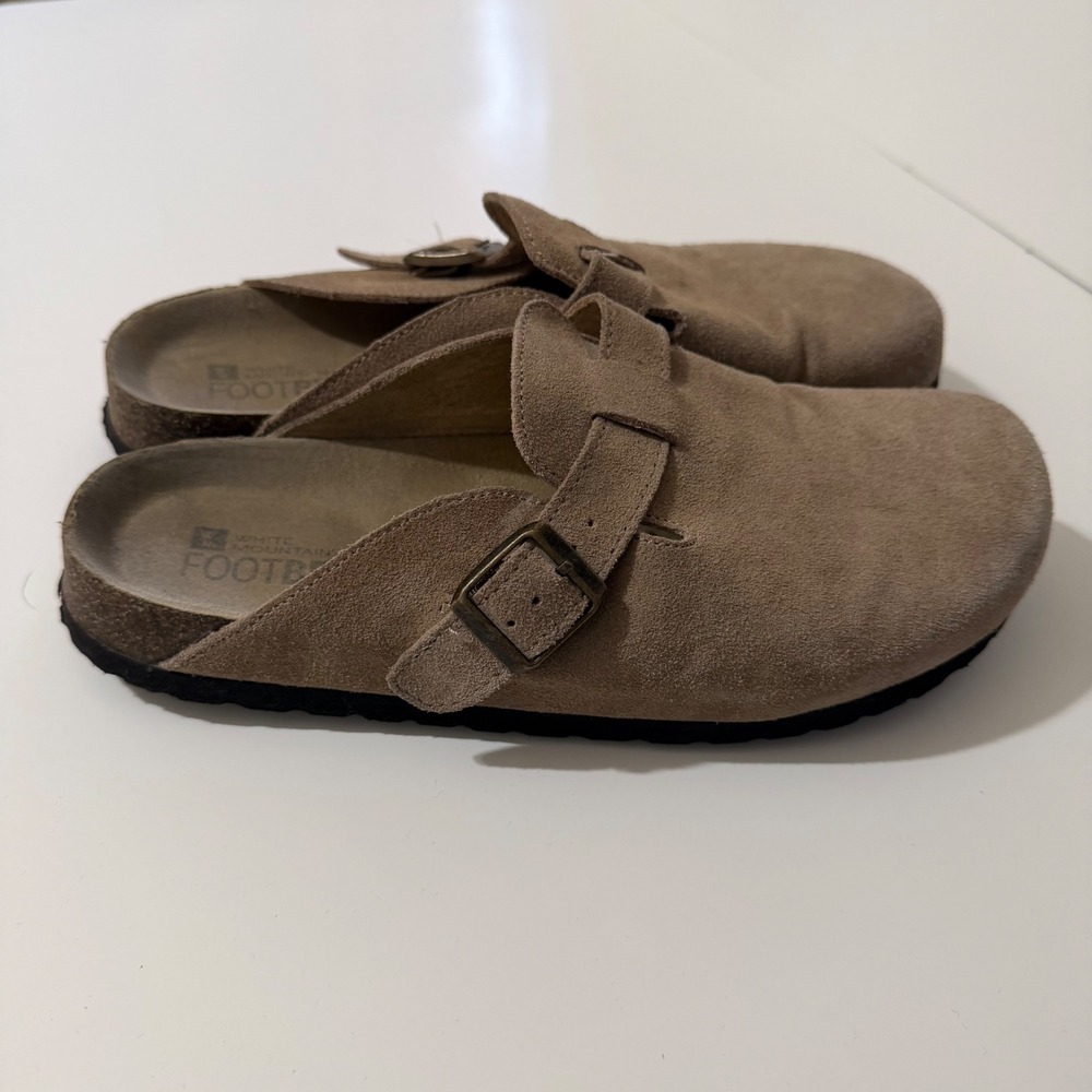 White Mountain Footbeds Womens Size 9 Leather Taupe Suede Buckle Clog Mules